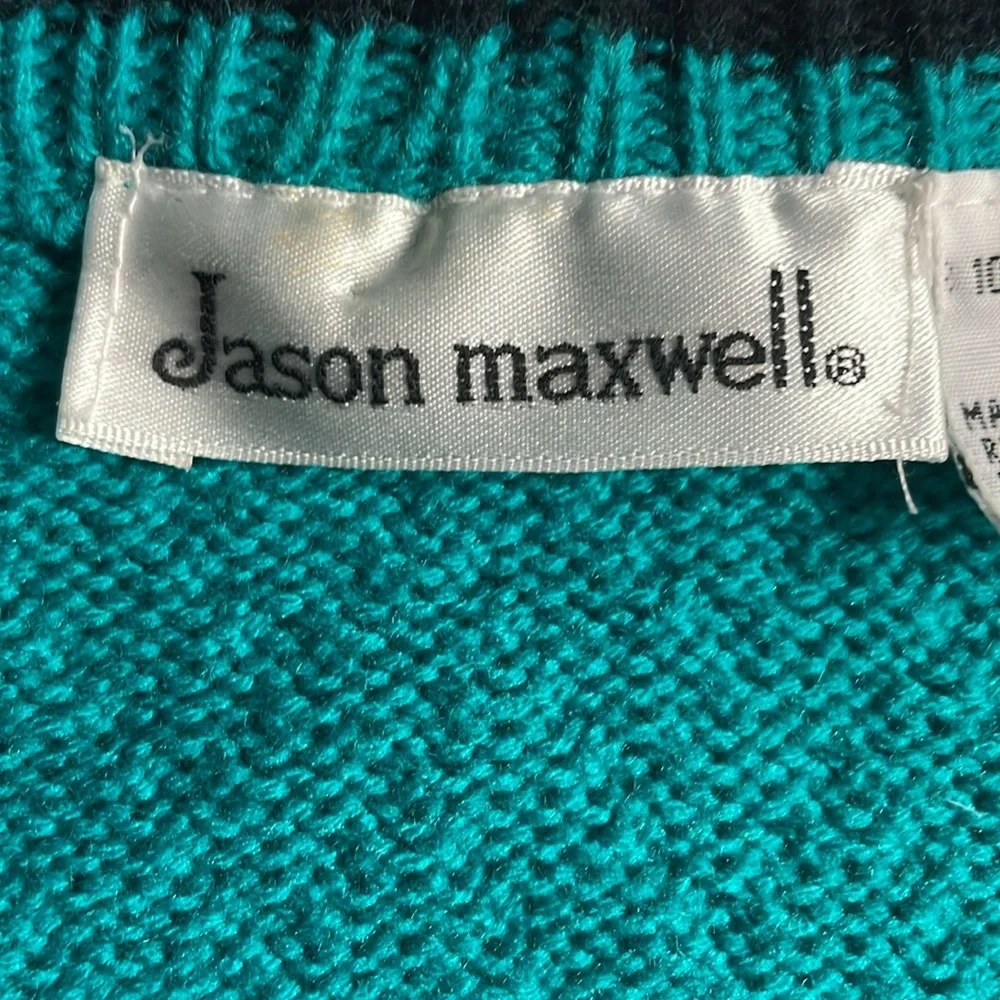 Vintage 90s Jason Maxwell Cardigan Teal Black Made in Hong Kong Size Large